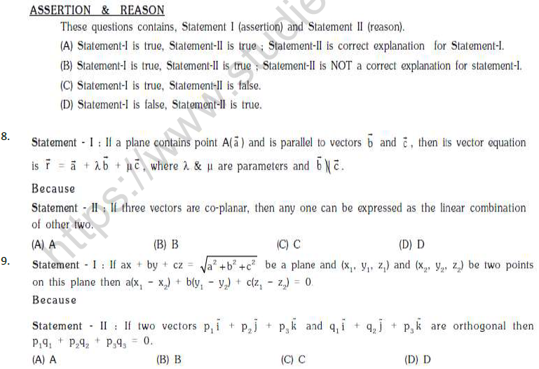 Jee mathematics three dimensional geometry mcqs set c with answers